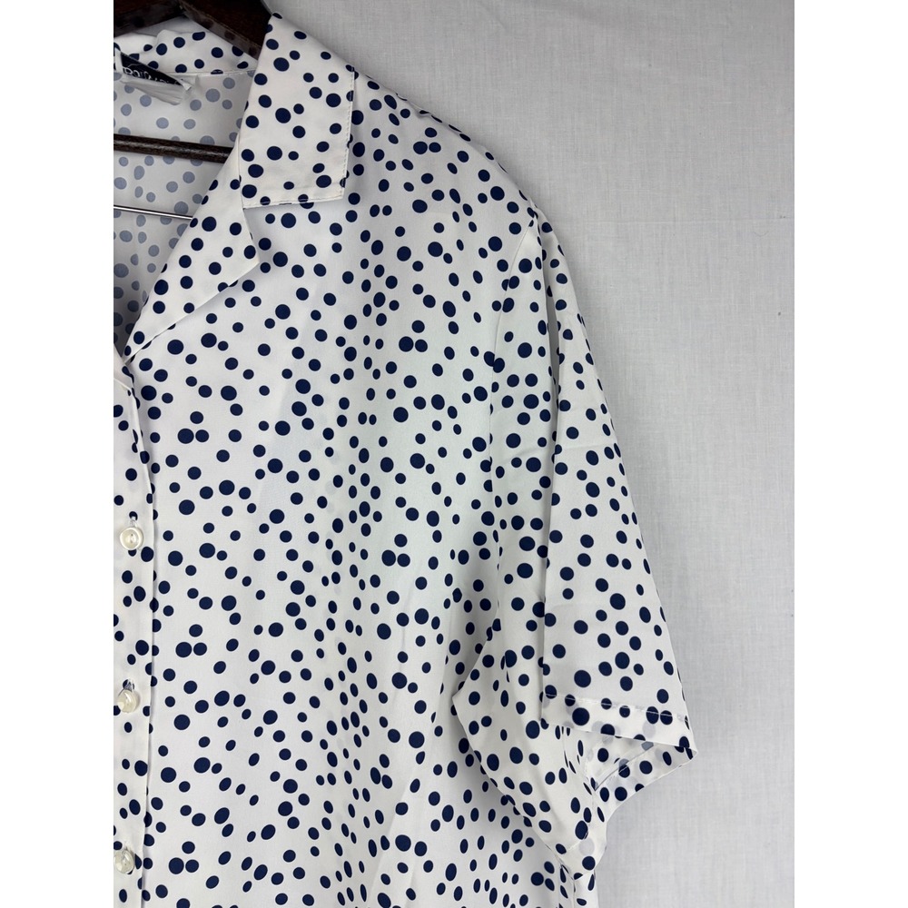 Polka Dot Button Down Short Sleeve Camp Collar Shirt White Navy Blue Blouse - Picture 6 of 13